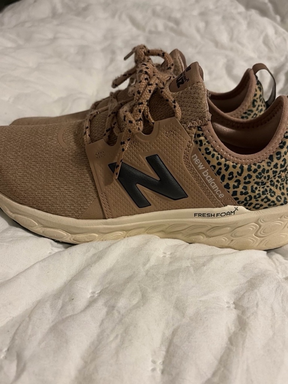 New Balance Tan Sneakers with Black N and Leopard Heel